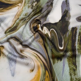 Polyester Satin – Muted Blue, Green and Yellow Ochre Earthy Swirls – Mood Exclusive Molten Moves Print Polyester Satin – Muted Blue, Green and Yellow Ochre Earthy Swirls – Mood Exclusive Molten Moves Print