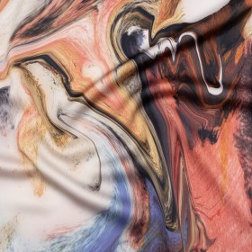 Polyester Satin – Madder Red, Blue and Pale Gray Earthy Swirls – Mood Exclusive Molten Moves Print Polyester Satin – Madder Red, Blue and Pale Gray Earthy Swirls – Mood Exclusive Molten Moves Print