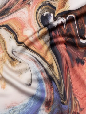 Polyester Satin – Madder Red, Blue and Pale Gray Earthy Swirls – Mood Exclusive Molten Moves Print Polyester Satin – Madder Red, Blue and Pale Gray Earthy Swirls – Mood Exclusive Molten Moves Print