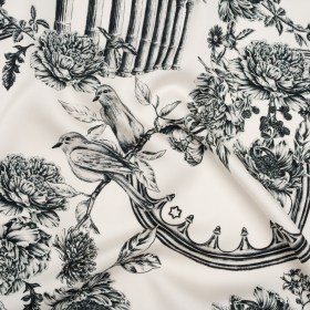 Polyester Satin – Black on White Flowers and Columns – Mood Exclusive Petal Pillars Print Polyester Satin – Black on White Flowers and Columns – Mood Exclusive Petal Pillars Print