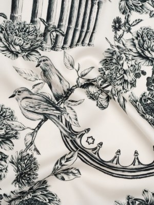 Polyester Satin – Black on White Flowers and Columns – Mood Exclusive Petal Pillars Print Polyester Satin – Black on White Flowers and Columns – Mood Exclusive Petal Pillars Print