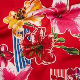 Polyester Satin – Red, Yellow and Blue Flowers and Striped Blocks – Mood Exclusive Linear Bloom Print Polyester Satin – Red, Yellow and Blue Flowers and Striped Blocks – Mood Exclusive Linear Bloom Print