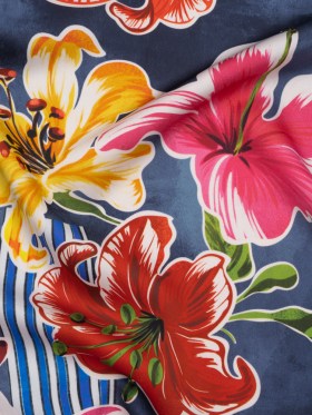 Polyester Satin – Navy Blue, Red and Pink Flowers and Striped Blocks – Mood Exclusive Linear Bloom Print Polyester Satin – Navy Blue, Red and Pink Flowers and Striped Blocks – Mood Exclusive Linear Bloom Print