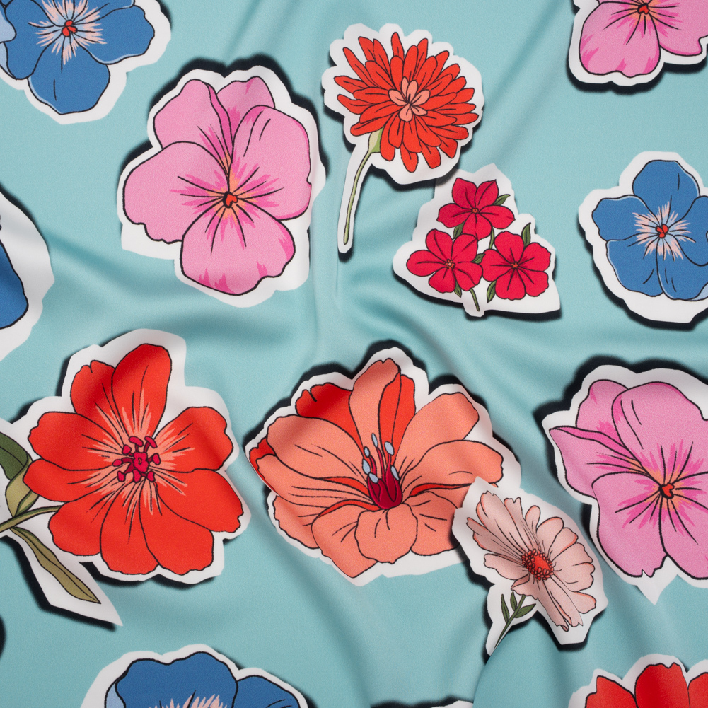 Polyester Satin – Sky Blue, Red and Pink Big Floral Stickers – Mood Exclusive Sticker Garden Print Polyester Satin – Sky Blue, Red and Pink Big Floral Stickers – Mood Exclusive Sticker Garden Print