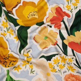 Polyester Satin – Pale Blue, Green and Orange Flowers Collage – Mood Exclusive Clipped Botanicals Print Polyester Satin – Pale Blue, Green and Orange Flowers Collage – Mood Exclusive Clipped Botanicals Print