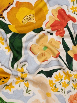 Polyester Satin – Pale Blue, Green and Orange Flowers Collage – Mood Exclusive Clipped Botanicals Print Polyester Satin – Pale Blue, Green and Orange Flowers Collage – Mood Exclusive Clipped Botanicals Print