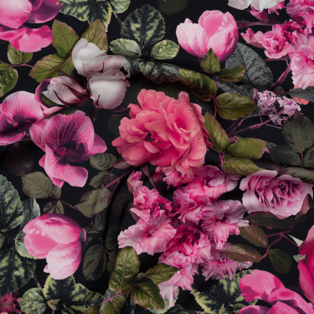 Polyester Satin – Pink, Green and Black Photorealistic Florals – Mood Exclusive Petals After Dark Print Polyester Satin – Pink, Green and Black Photorealistic Florals – Mood Exclusive Petals After Dark Print