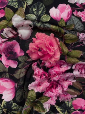 Polyester Satin – Pink, Green and Black Photorealistic Florals – Mood Exclusive Petals After Dark Print Polyester Satin – Pink, Green and Black Photorealistic Florals – Mood Exclusive Petals After Dark Print