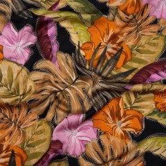 Polyester Satin – Beige, Green and Orange Tropical Leaves and Flowers with Stitching – Mood Exclusive Sunstitched Canopy Print Polyester Satin – Beige, Green and Orange Tropical Leaves and Flowers with Stitching – Mood Exclusive Sunstitched Canopy Print