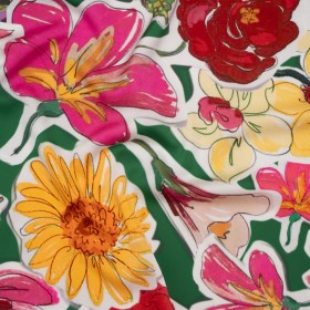Polyester Satin – Green, Pink and Yellow Flower Sketches – Mood Exclusive Brushlight Blossoms Print Polyester Satin – Green, Pink and Yellow Flower Sketches – Mood Exclusive Brushlight Blossoms Print