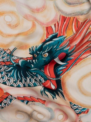 Polyester Satin – Red, Blue Green and Orange Eastern Dragon in Clouds – Mood Exclusive Skybound Scales Print Polyester Satin – Red, Blue Green and Orange Eastern Dragon in Clouds – Mood Exclusive Skybound Scales Print