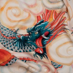 Polyester Satin – Red, Blue Green and Orange Eastern Dragon in Clouds – Mood Exclusive Skybound Scales Print Polyester Satin – Red, Blue Green and Orange Eastern Dragon in Clouds – Mood Exclusive Skybound Scales Print