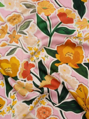 Polyester Satin – Pink, Green and Orange Flowers Collage – Mood Exclusive Clipped Botanicals Print Polyester Satin – Pink, Green and Orange Flowers Collage – Mood Exclusive Clipped Botanicals Print