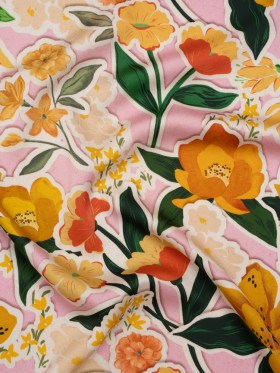 Polyester Satin – Pink, Green and Orange Flowers Collage – Mood Exclusive Clipped Botanicals Print Polyester Satin – Pink, Green and Orange Flowers Collage – Mood Exclusive Clipped Botanicals Print