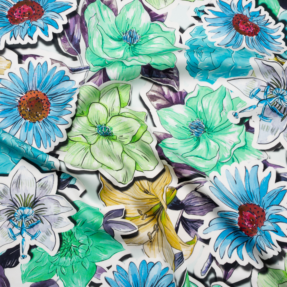 Polyester Satin – Green, Blue and Purple Overlapping Flower Cutouts – Mood Exclusive Layered Whimsy Print Polyester Satin – Green, Blue and Purple Overlapping Flower Cutouts – Mood Exclusive Layered Whimsy Print