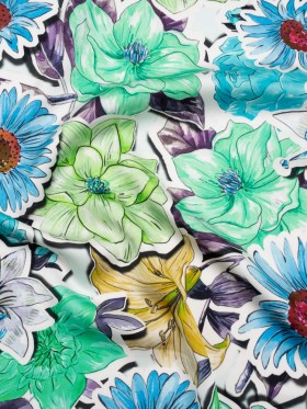 Polyester Satin – Green, Blue and Purple Overlapping Flower Cutouts – Mood Exclusive Layered Whimsy Print Polyester Satin – Green, Blue and Purple Overlapping Flower Cutouts – Mood Exclusive Layered Whimsy Print