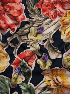 Polyester Satin – Golden Orange, Red and Green Illustrated Flower Collage – Mood Exclusive Floral Montage Print Polyester Satin – Golden Orange, Red and Green Illustrated Flower Collage – Mood Exclusive Floral Montage Print