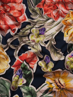 Polyester Satin – Golden Orange, Red and Green Illustrated Flower Collage – Mood Exclusive Floral Montage Print Polyester Satin – Golden Orange, Red and Green Illustrated Flower Collage – Mood Exclusive Floral Montage Print