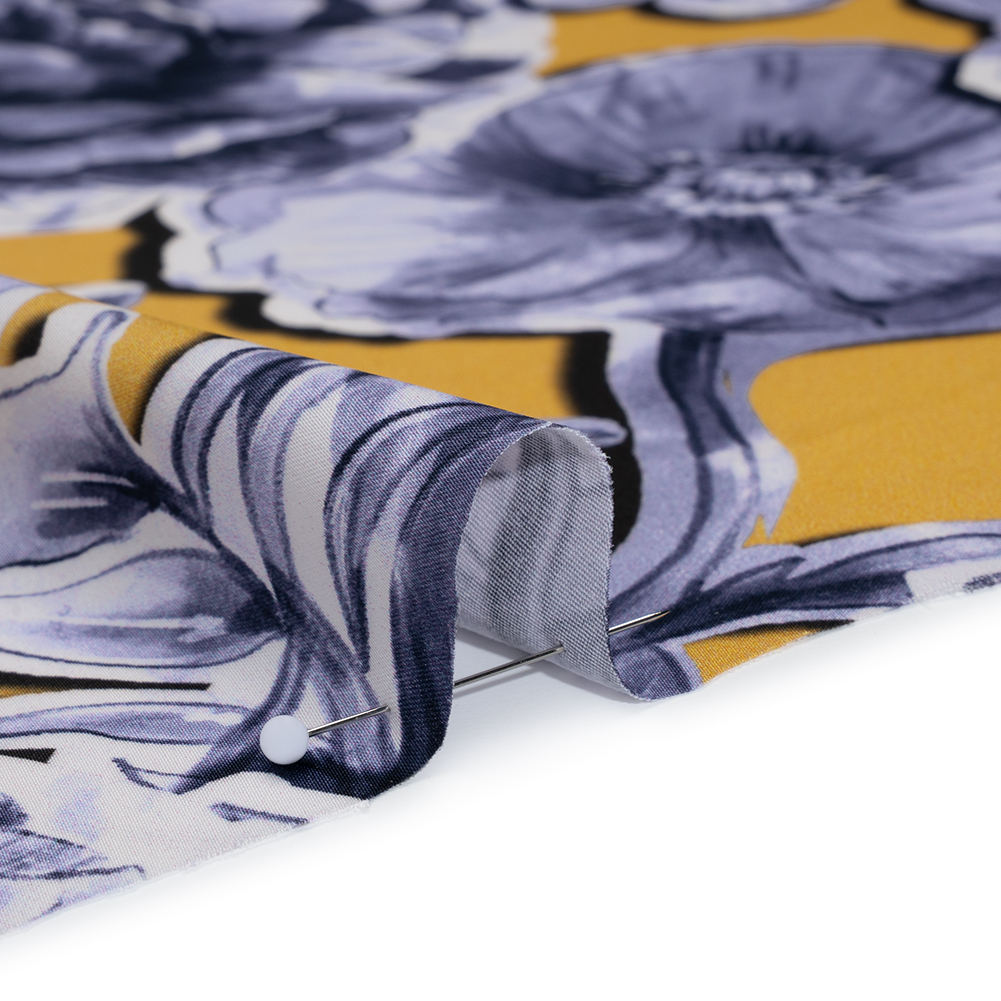 Polyester Satin – Gold and Steel Blue Illustrated Flower Collage – Mood Exclusive Floral Montage Print Polyester Satin – Gold and Steel Blue Illustrated Flower Collage – Mood Exclusive Floral Montage Print