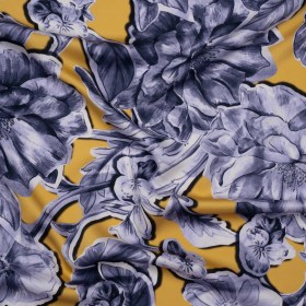 Polyester Satin – Gold and Steel Blue Illustrated Flower Collage – Mood Exclusive Floral Montage Print Polyester Satin – Gold and Steel Blue Illustrated Flower Collage – Mood Exclusive Floral Montage Print