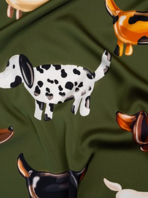 Polyester Satin – Brown, White and Olive Green Puppy Balloons – Mood Exclusive Dachshund Drift Print Polyester Satin – Brown, White and Olive Green Puppy Balloons – Mood Exclusive Dachshund Drift Print