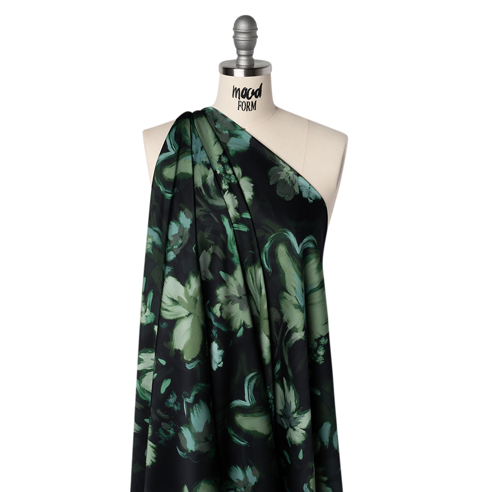 Polyester Satin – Forest, Sage and Sea Green Painted Flowers – Mood Exclusive Petal Veil Print Polyester Satin – Forest, Sage and Sea Green Painted Flowers – Mood Exclusive Petal Veil Print