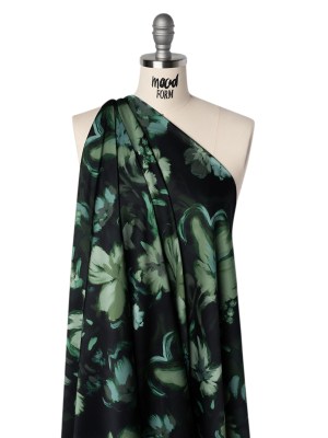 Polyester Satin – Forest, Sage and Sea Green Painted Flowers – Mood Exclusive Petal Veil Print Polyester Satin – Forest, Sage and Sea Green Painted Flowers – Mood Exclusive Petal Veil Print