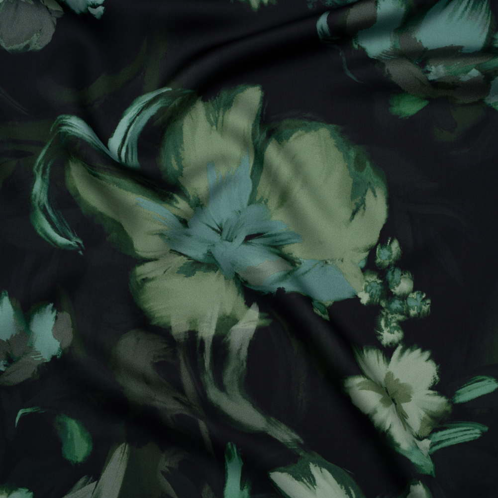 Polyester Satin – Forest, Sage and Sea Green Painted Flowers – Mood Exclusive Petal Veil Print Polyester Satin – Forest, Sage and Sea Green Painted Flowers – Mood Exclusive Petal Veil Print