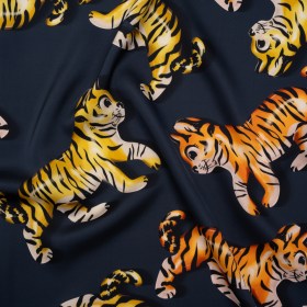 Polyester Satin – Navy, Yellow and Orange Balloon Tigers – Mood Exclusive Pop Jungle Print Polyester Satin – Navy, Yellow and Orange Balloon Tigers – Mood Exclusive Pop Jungle Print