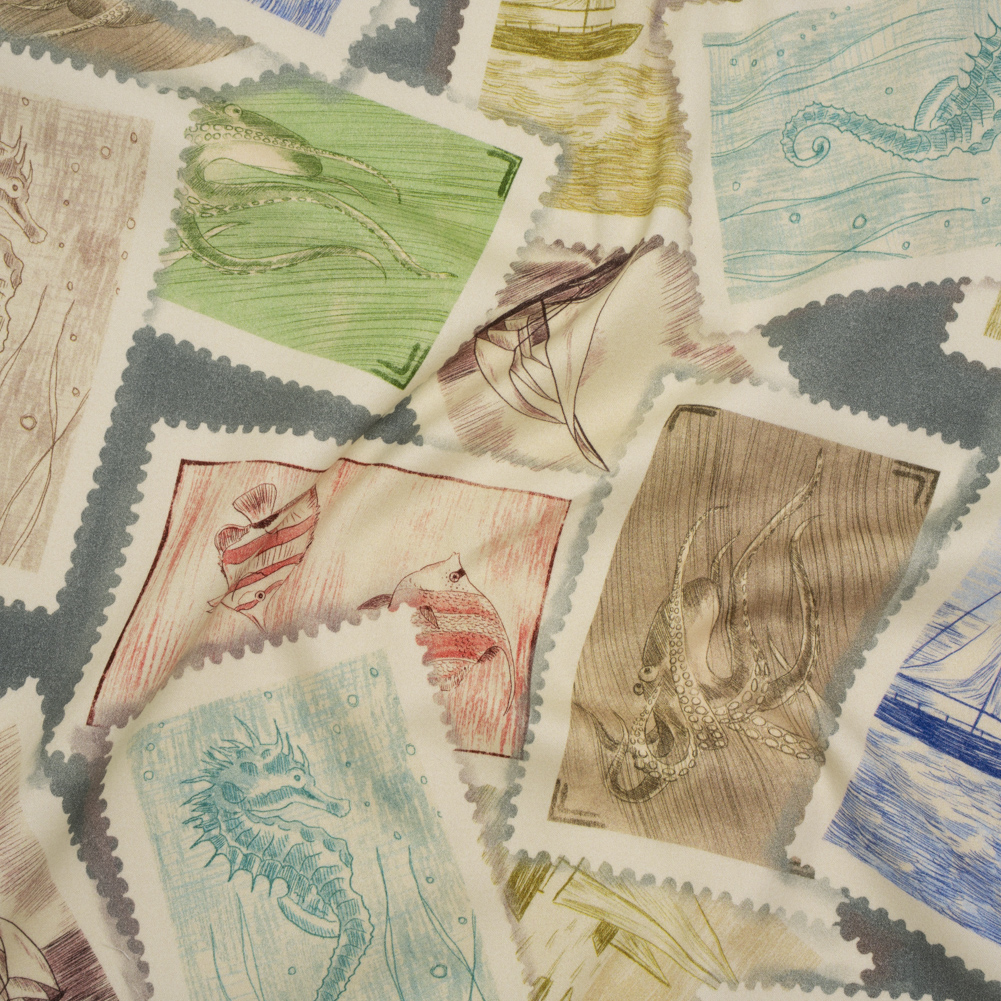 Brushed Cotton Woven – Blue, Green and Beige Ocean Scene Stamp Collection – Mood Exclusive Seaside Stamps Print Brushed Cotton Woven – Blue, Green and Beige Ocean Scene Stamp Collection – Mood Exclusive Seaside Stamps Print