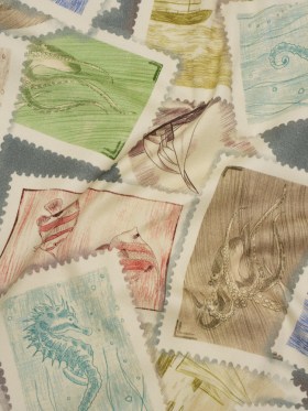 Brushed Cotton Woven – Blue, Green and Beige Ocean Scene Stamp Collection – Mood Exclusive Seaside Stamps Print Brushed Cotton Woven – Blue, Green and Beige Ocean Scene Stamp Collection – Mood Exclusive Seaside Stamps Print