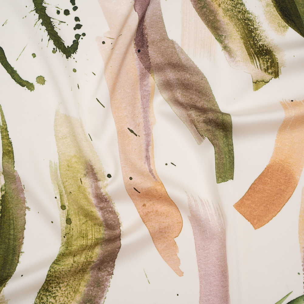 Polyester Satin – Forest Green, Plum Purple and Tangerine Abstract Watercolor Ribbons – Mood Exclusive Fluid Strokes Print Polyester Satin – Forest Green, Plum Purple and Tangerine Abstract Watercolor Ribbons – Mood Exclusive Fluid Strokes Print