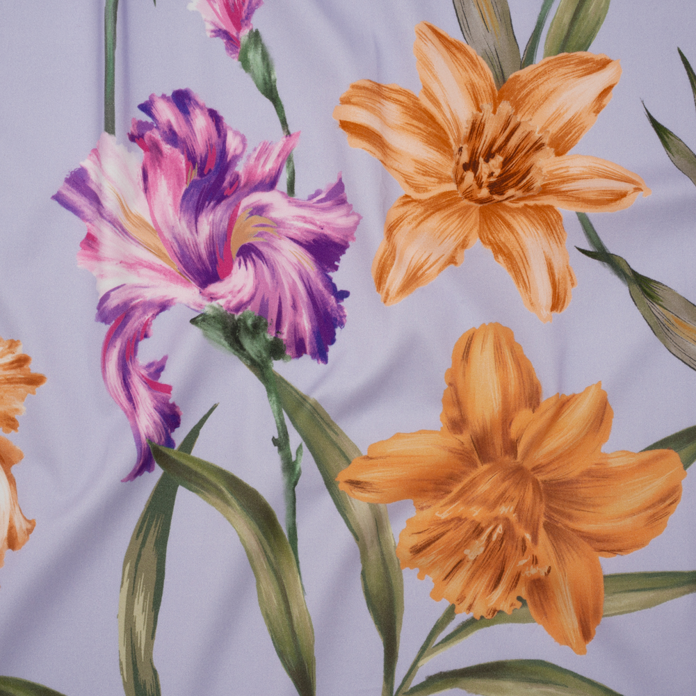 Brushed Cotton Woven – Burnt Orange, Purple and Lavender Big Lilies – Mood Exclusive Language of Lilies Print Brushed Cotton Woven – Burnt Orange, Purple and Lavender Big Lilies – Mood Exclusive Language of Lilies Print