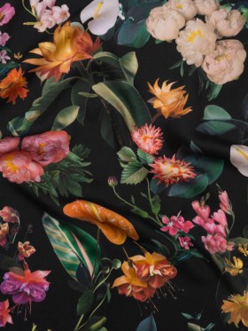 Rayon Challis – Black, Green and Orange Rainforest Flowers – Mood Exclusive Rainforest Reverie Print Rayon Challis – Black, Green and Orange Rainforest Flowers – Mood Exclusive Rainforest Reverie Print