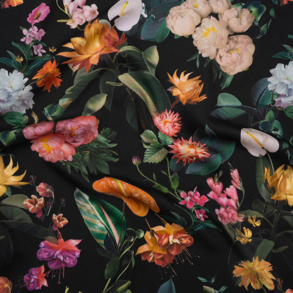 Rayon Challis – Black, Green and Orange Rainforest Flowers – Mood Exclusive Rainforest Reverie Print Rayon Challis – Black, Green and Orange Rainforest Flowers – Mood Exclusive Rainforest Reverie Print