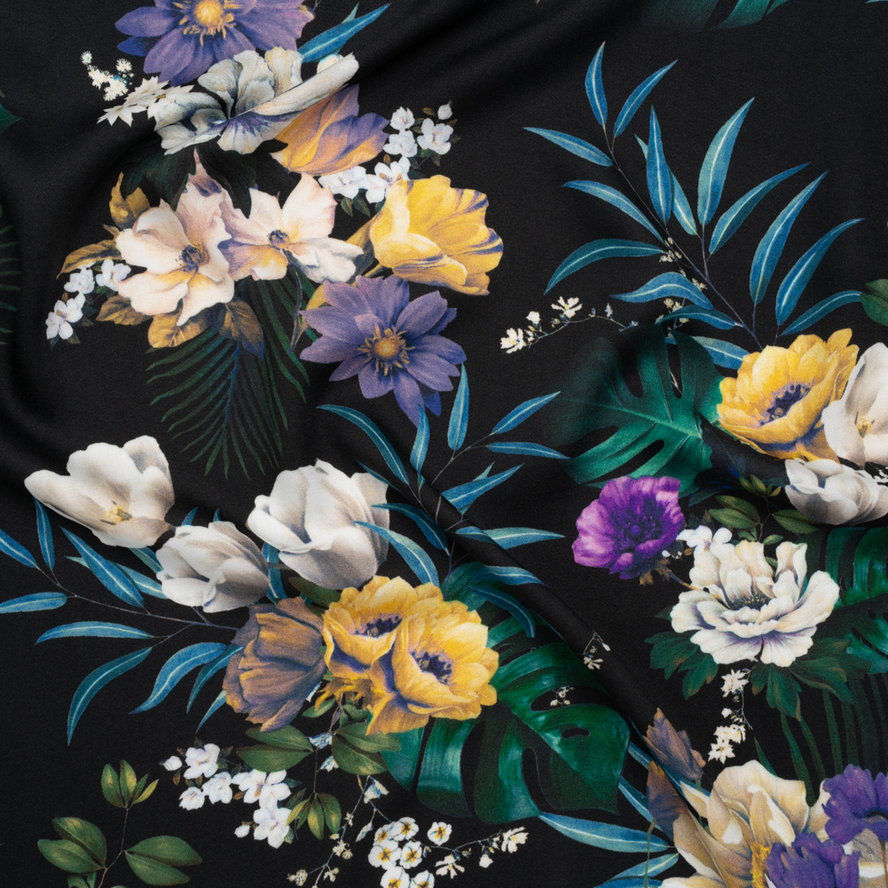 Rayon Challis – Blue, Purple and Yellow Tropical Flowers – Mood Exclusive Island Bloom Print Rayon Challis – Blue, Purple and Yellow Tropical Flowers – Mood Exclusive Island Bloom Print