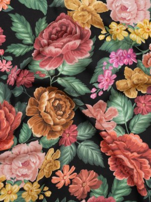 Rayon Challis – Coral Pink, Yellow and Green Flowers on Black – Mood Exclusive Midnight Garden Party Print Rayon Challis – Coral Pink, Yellow and Green Flowers on Black – Mood Exclusive Midnight Garden Party Print