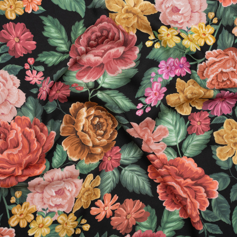 Rayon Challis – Coral Pink, Yellow and Green Flowers on Black – Mood Exclusive Midnight Garden Party Print Rayon Challis – Coral Pink, Yellow and Green Flowers on Black – Mood Exclusive Midnight Garden Party Print