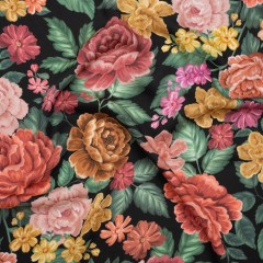 Rayon Challis – Coral Pink, Yellow and Green Flowers on Black – Mood Exclusive Midnight Garden Party Print Rayon Challis – Coral Pink, Yellow and Green Flowers on Black – Mood Exclusive Midnight Garden Party Print