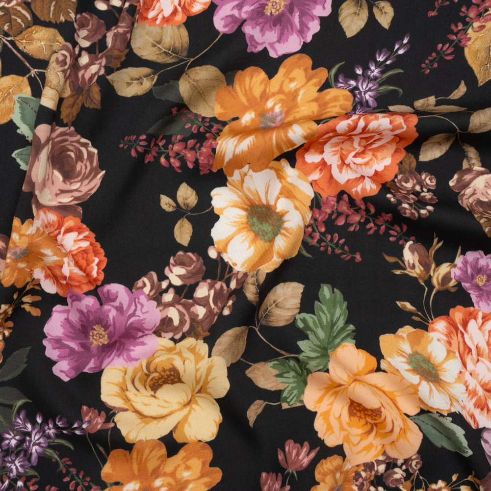 Rayon Challis – Orange, Pink and Black Floral – Mood Exclusive Floral Noir Print Rayon Challis – Orange, Pink and Black Floral – Mood Exclusive Floral Noir Print