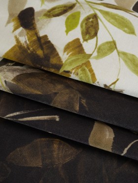 Silk Satin Print Made in Italy – Brown, Cream and Chartreuse Painted Leaves – Deadstock Silk Satin Print Made in Italy – Brown, Cream and Chartreuse Painted Leaves – Deadstock