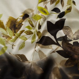 Silk Satin Print Made in Italy – Brown, Cream and Chartreuse Painted Leaves – Deadstock Silk Satin Print Made in Italy – Brown, Cream and Chartreuse Painted Leaves – Deadstock