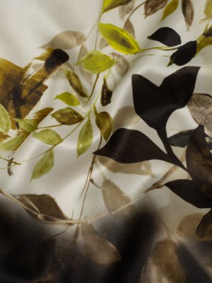 Silk Satin Print Made in Italy – Brown, Cream and Chartreuse Painted Leaves – Deadstock Silk Satin Print Made in Italy – Brown, Cream and Chartreuse Painted Leaves – Deadstock