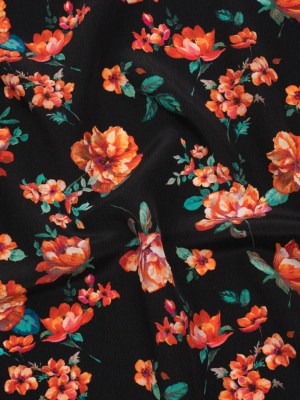 Silk Crepe de Chine Print Made in Italy – Black, Red and Green Scattered Flowers – Deadstock Silk Crepe de Chine Print Made in Italy – Black, Red and Green Scattered Flowers – Deadstock