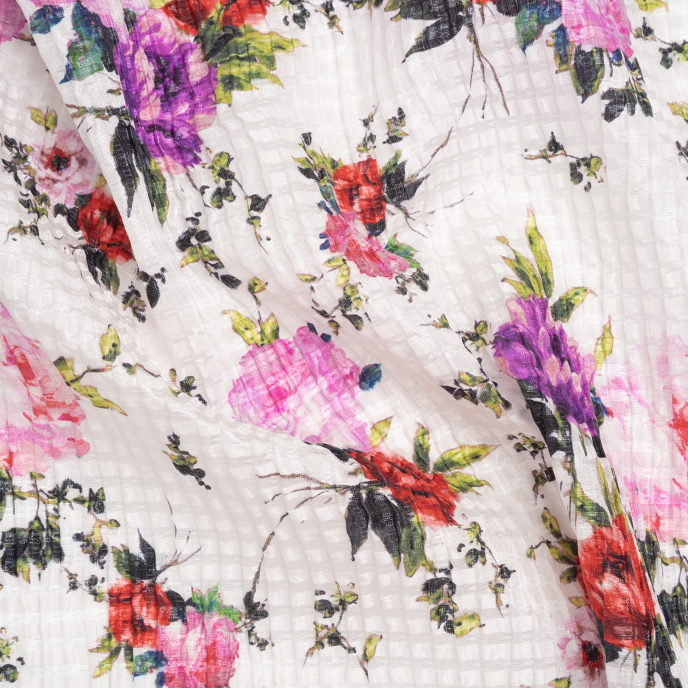 Ruched Silk Blend Striped Dobby Made in Italy – White, Pink and Purple Floral – Deadstock Ruched Silk Blend Striped Dobby Made in Italy – White, Pink and Purple Floral – Deadstock