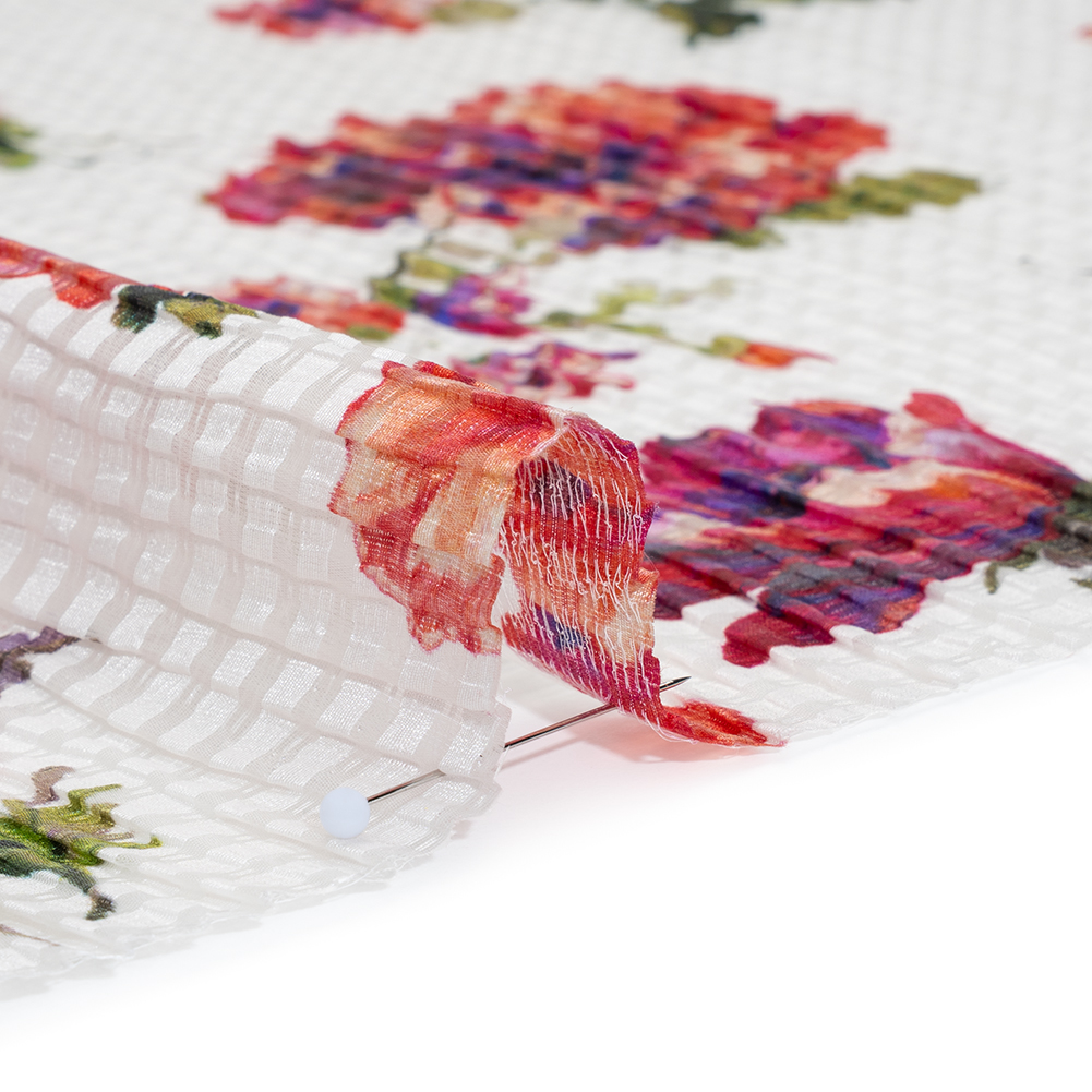 Ruched Silk Blend Striped Dobby Made in Italy - Pink, Ultramarine and Green Floral - Deadstock