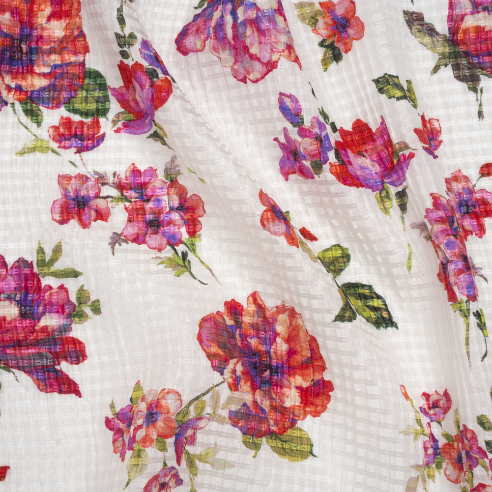 Ruched Silk Blend Striped Dobby Made in Italy – Pink, Ultramarine and Green Floral – Deadstock Ruched Silk Blend Striped Dobby Made in Italy – Pink, Ultramarine and Green Floral – Deadstock