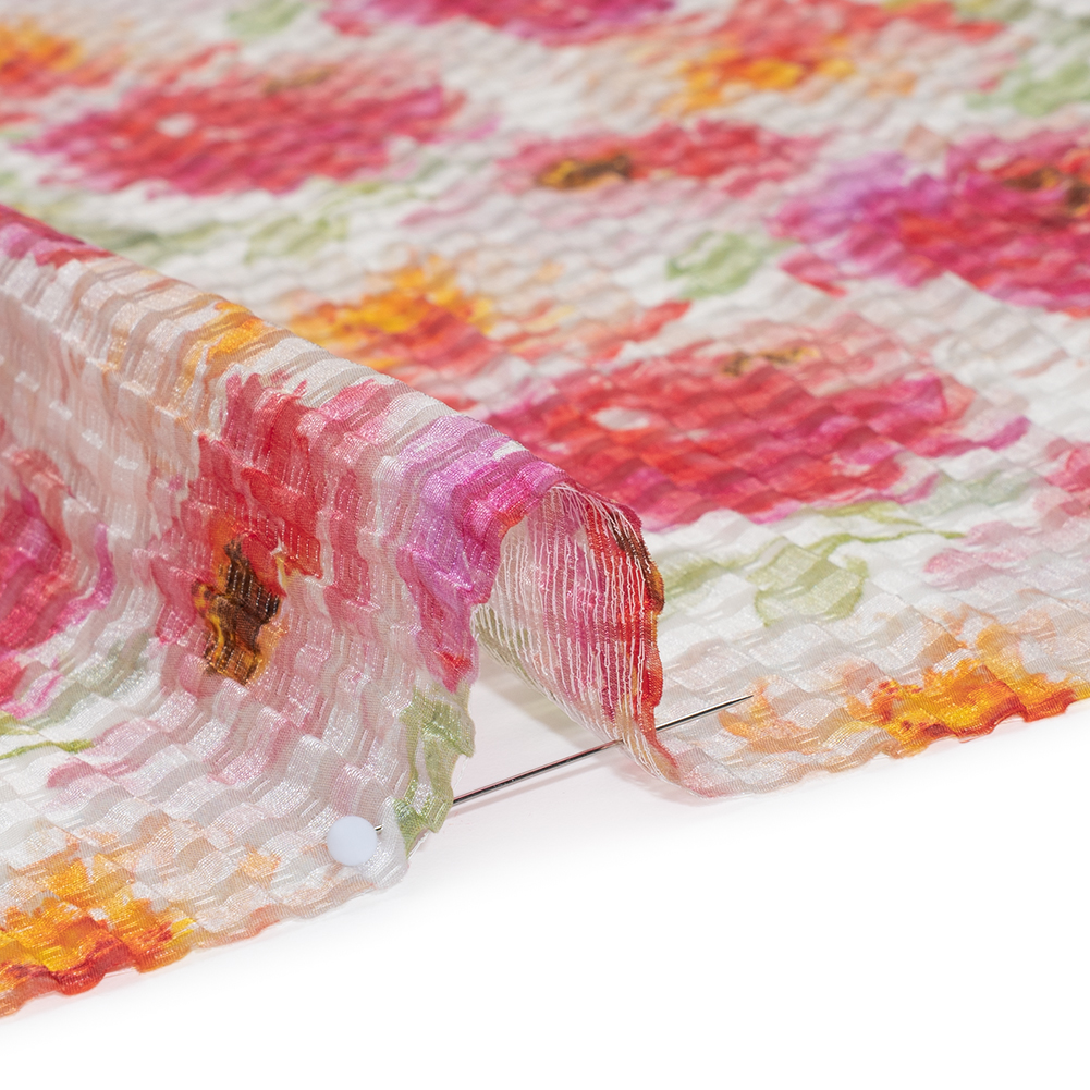 Ruched Silk Blend Striped Dobby Made in Italy - Hot Pink, Golden Yellow and Sage Green Soft Florals - Deadstock