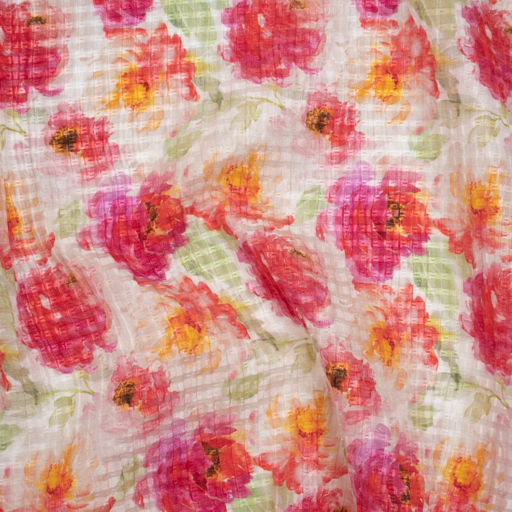 Ruched Silk Blend Striped Dobby Made in Italy – Hot Pink, Golden Yellow and Sage Green Soft Florals – Deadstock Ruched Silk Blend Striped Dobby Made in Italy – Hot Pink, Golden Yellow and Sage Green Soft Florals – Deadstock