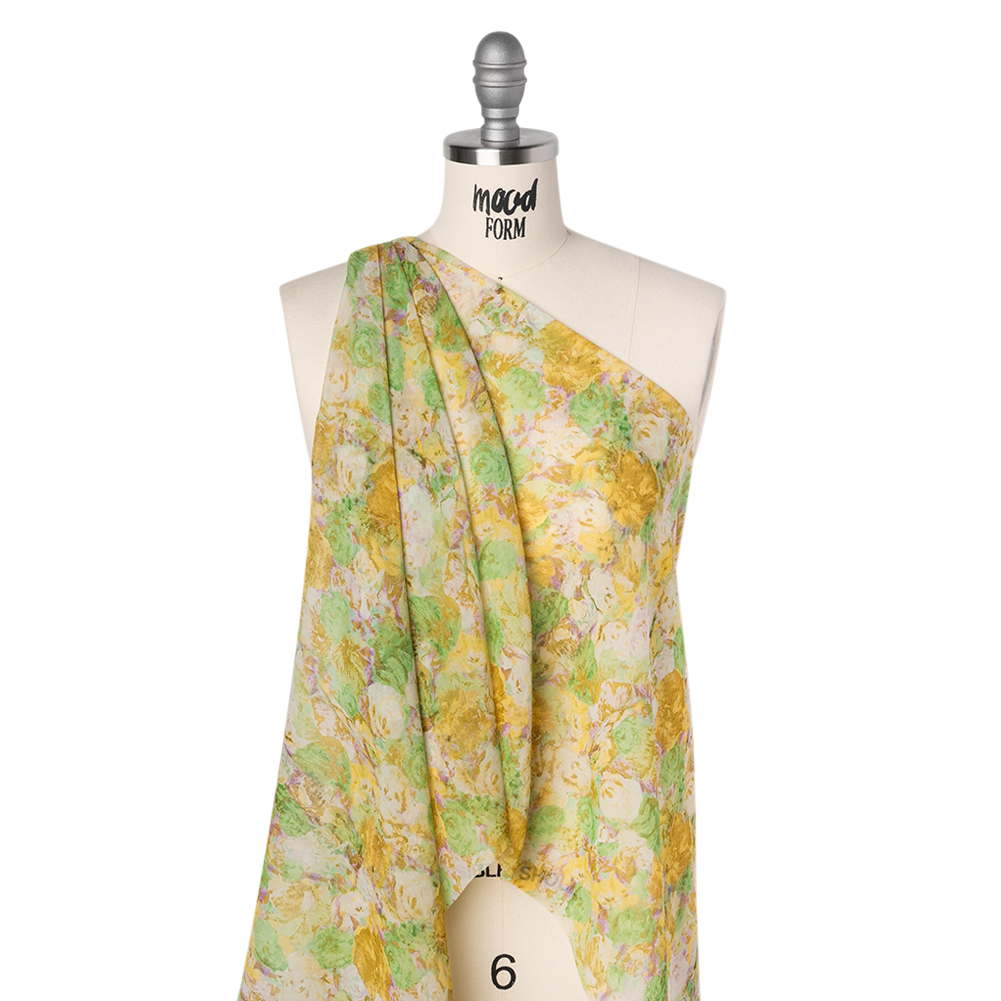 Silk Chiffon Print Made in Italy – Yellow, Green and Lilac Painterly Floral – Deadstock Silk Chiffon Print Made in Italy – Yellow, Green and Lilac Painterly Floral – Deadstock